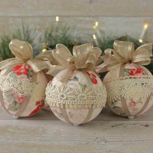 Pink Christmas Ornaments Handmade, Xmas Tree Decoration, Shabby Christmas Gift, Chic Ornaments, Xmas Tree Baubles, Pink Christmas Bauble Set image 1