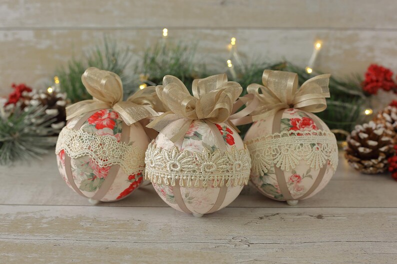 Pink Christmas Ornaments Handmade, Xmas Tree Decoration, Shabby Christmas Gift, Chic Ornaments, Xmas Tree Baubles, Pink Christmas Bauble Set image 1