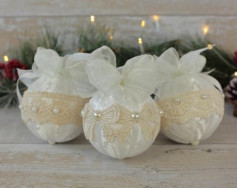 Handmade White Christmas Baubles: Vintage Lace Tree Ornaments (Set of 3)