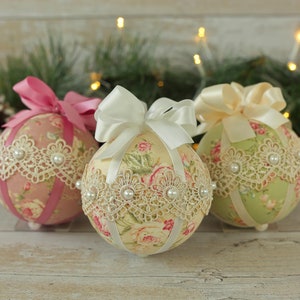 Shabby chic Xmas baubles, Christmas tree decorations handmade, lace ornament gift set