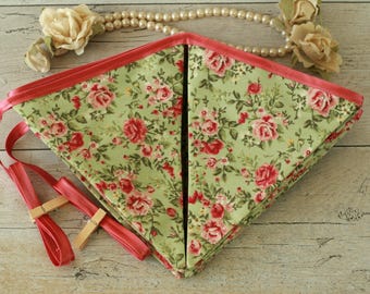 Green Floral Bunting, Cottagecore Cotton Fabric Flags, Tea Party Decor, Vintage Flower Print Banner