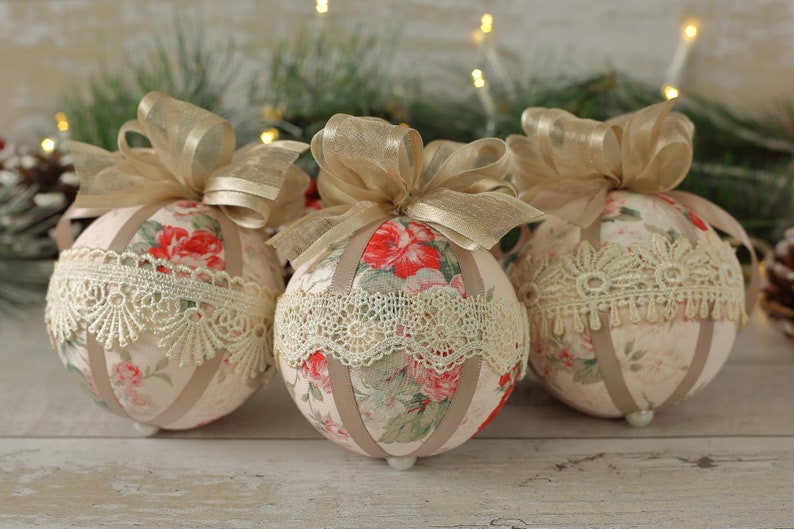 Pink Christmas Ornaments Handmade, Xmas Tree Decoration, Shabby Christmas Gift, Chic Ornaments, Xmas Tree Baubles, Pink Christmas Bauble Set image 6