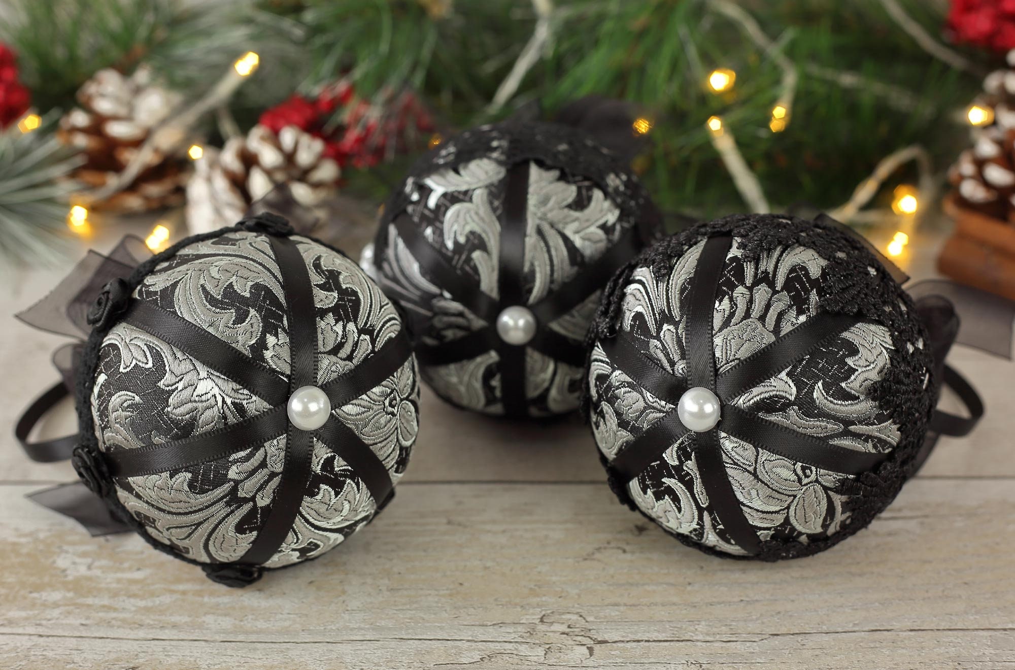 Vintage Christmas Decorations Handmade Lace Baubles Fabric Ball Tree Decor Black Gothic Gift Etsy UK