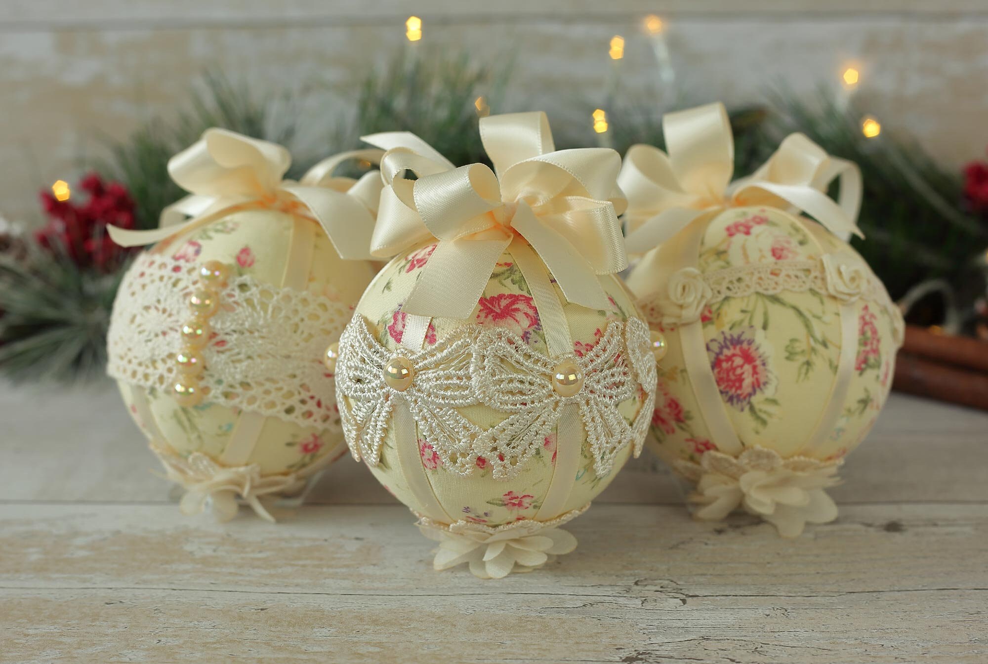 Handmade Shabby Chic Christmas Baubles: Lace \u0026 Fabric Ornaments (set of 3)  - Etsy, image size:2000x1344