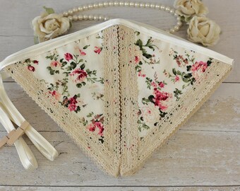 Fabric flag bunting, vintage chic home decoration, cottage chic floral, shabby chic party decor, vintage chic floral decor, vintage bunting