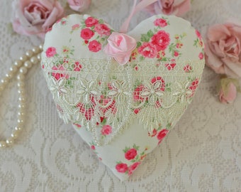 Fabric heart, floral heart gift, chic heart, floral heart decor, decorative heart gift, shabby chic heart, floral fabric heart decoration