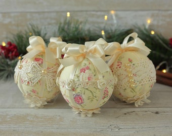 Handmade Shabby Chic Christmas Baubles: Lace & Fabric Ornaments (Set of 3)