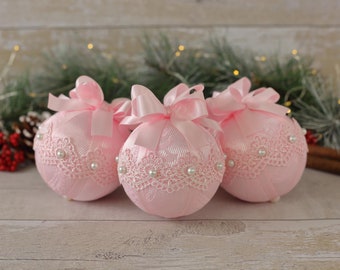 Pink Christmas Baubles: Handmade Shabby Chic Tree Ornaments (Set of 3)