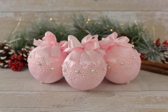 Pink Christmas Baubles: Handmade Shabby Chic Tree Ornaments (Set of 3)