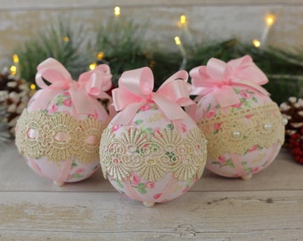 Handmade Pink Christmas Baubles: Shabby Chic Lace Ornaments (Set of 3)