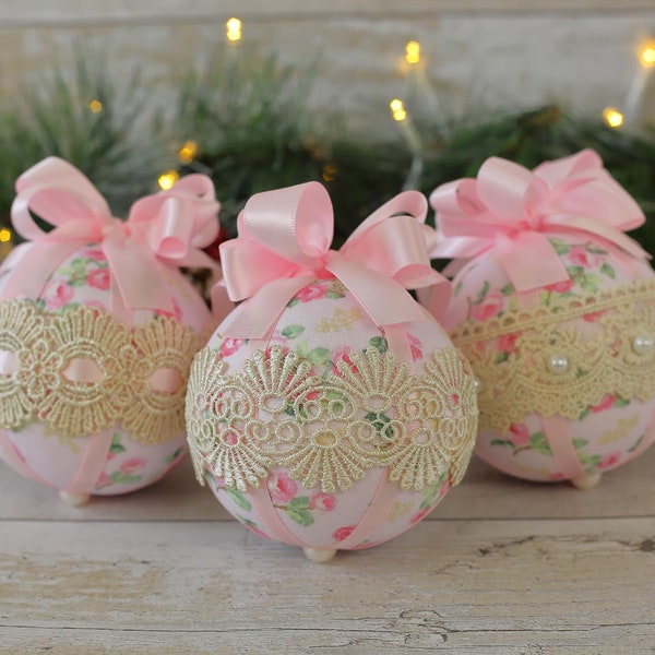 Pink Christmas ornaments, Xmas tree decorations, handmade baubles, shabby chic ornaments, chic Christmas ornaments, tree decor shabby chic