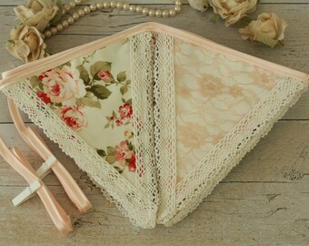 Shabby Chic Bunting, Pink Lace Fabric Flags, Vintage Wedding Banner, Romantic Rose Garland
