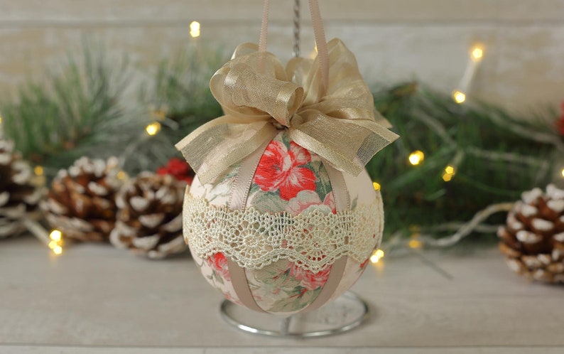 Pink Christmas Ornaments Handmade, Xmas Tree Decoration, Shabby Christmas Gift, Chic Ornaments, Xmas Tree Baubles, Pink Christmas Bauble Set image 4