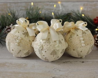 Boules de Noël crème faites main : décorations d'arbre de style vintage, lot de 3