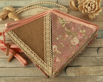 Floral Burlap Fabric Bunting: Rustic Party Garland