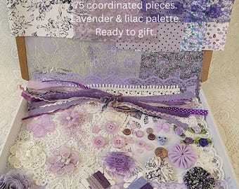 Slow Stitch Kit: Lavender & Lilac Fabric and Lace Collection, Junk Journal Supplies, Textile Collage Kit, Purple Sewing Gift