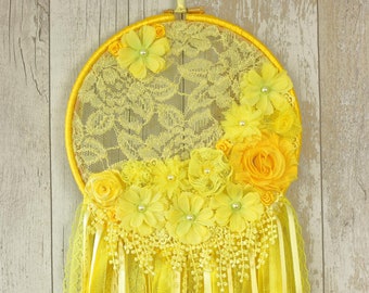 Lace Floral Dreamcatcher, Yellow Fabric Flower Boho Wall Hanging, Sunshine Nursery Décor