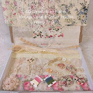 Slow Stitch Kit: Vintage Floral Fabric & Lace Bundle, Junk Journal Kit, Textile Art and Scrapbooking Supplies, Cream Shabby Chic
