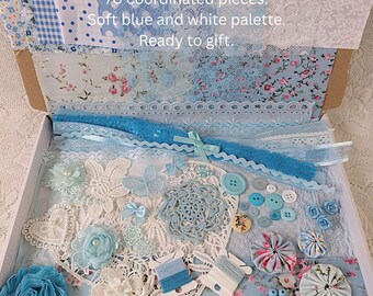Slow Stitch Kit: Vintage Blue Fabric & Lace Pack, Junk Journal Supplies, Textile Collage Kit, Cottagecore Sewing Gift