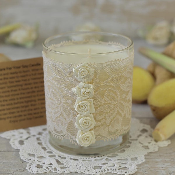 Hand poured soy wax candle, boho wedding candle, 13 wedding anniversary gift, cream lace candle holder