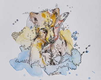 Bär - Lachsfänger,  Original, Watercolor, Wildtiere, Portrait, Bär, handmade