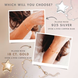 May include: The image presents two star-shaped bracelets. One is plated with 18ct gold over a fine copper base, and the other is plated with 925 silver over a fine copper base. The text asks, "WHICH WILL YOU CHOOSE?"