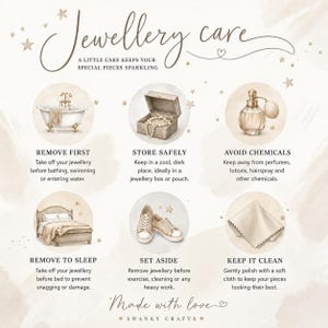 The image is an infographic that provides tips on how to care for jewelry, including removing jewelry before swimming, storing it safely, avoiding chemicals, keeping it clean, and setting it aside.