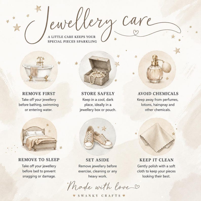 The image is an infographic that provides tips on how to care for jewelry, including removing jewelry before swimming, storing it safely, avoiding chemicals, keeping it clean, and setting it aside.