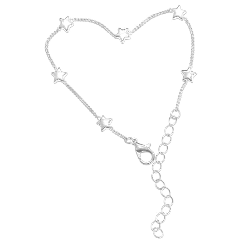 May include: A silver-toned chain bracelet featuring five evenly spaced star-shaped charms. The bracelet includes a lobster claw clasp and an adjustable extender chain with circular links, providing a secure fit for the wrist.