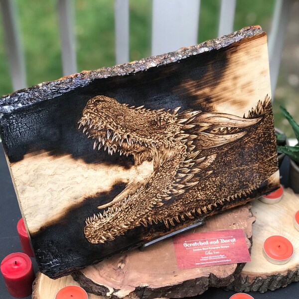 Drogon from Game of Thrones. Pyrography on Burnt Wood Slice, Colored Highlights w/ Glossy Finish