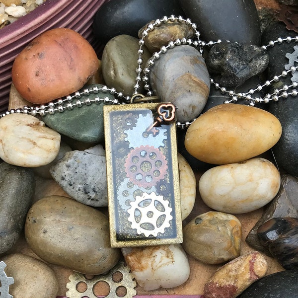 Steampunk Styled Metal Necklace, Resin Cast Gears with Found Trinkets