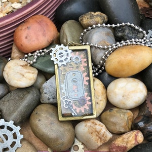 Steampunk Styled Metal Necklace, Resin Cast Lock and Key with Found Trinkets