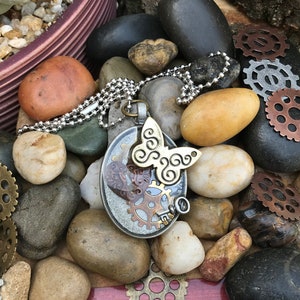Steampunk Styled Metal Necklace, Resin Cast, Butterfly with Found Trinkets