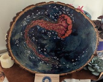 Jellyfish Bubbles, Pyrography / Watercolors, Ink on Raw Basswood Slice, Glossy Seal