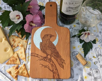 Raven's Moon, Beech Wood Serving / Cutting Board, Pyrography with Silver Accent