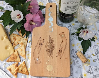 Symbols of Magic, Beech Wood Serving / Cutting Board, Pyrography with Gold / Silver Accents