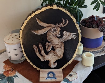 Wolpertinger, Pyrography / Gold Ink on Raw Basswood Slice, Glossy Seal