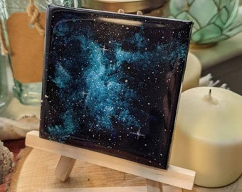 Galaxy Mini Painting, Acrylic on Canvas, Epoxy Resin Seal, Blues