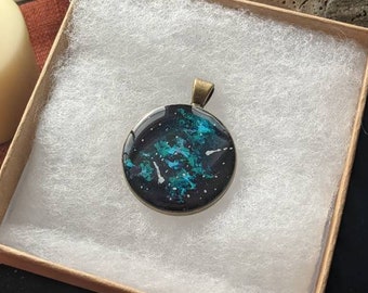 Galaxy Styled Necklace, Acrylic Painted, Sealed in Resin, Metal Pendant, Circle, Handmade Art