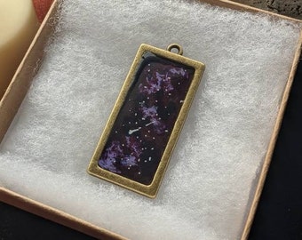 Galaxy Styled, Metal Necklace, Resin Cast with Acrylic, Metal Rectangle Base, Gold