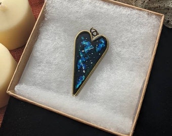 Galaxy Styled, Metal Necklace, Resin Cast with Acrylic, Metal Heart Shaped Base, Gold