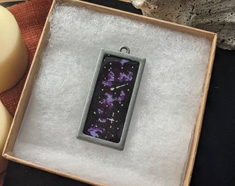 Galaxy Styled, Metal Necklace, Resin Cast with Acrylic, Metal Rectangle Base, Silver