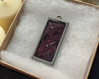 Galaxy Styled, Metal Necklace, Resin Cast with Acylic, Metal Rectangle Base, Silver