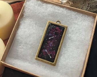 Galaxy Styled, Metal Necklace, Resin Cast with Acrylic, Metal Rectangle Base, Gold