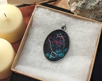 Big and Little Dipper Constellations, Galaxy Styled, Metal Necklace, Resin Cast with Acrylic, Metal Oval Base, Silver