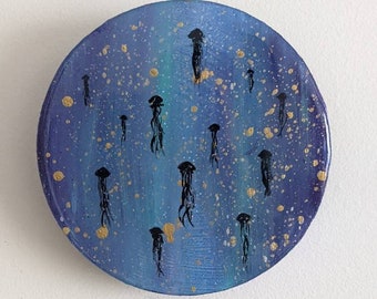 A Bloom of Jellyfish, Gold, Acrylic and Ink on Wooden Circle Canvas, Clear Epoxy Resin Seal