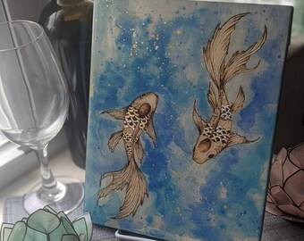 Swimming Koi Fish, Pyrography w/ Watercolors and Gold Leaf on Wooden Canvas, Clear Epoxy Resin Seal