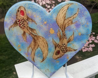 Koi Fish Swimming, Pyrography w/Acrylic w/Gold Foil on Pine Wood Heart Canvas, Epoxy Resin Seal Finish