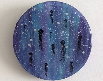 A Bloom of Jellyfish, Silver, Acrylic and Ink on Wooden Circle Canvas, Clear Epoxy Resin Seal