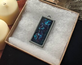 Draco Constellation, Galaxy Styled, Metal Necklace, Resin Cast with Acrylic, Metal Rectangle Base, Silver